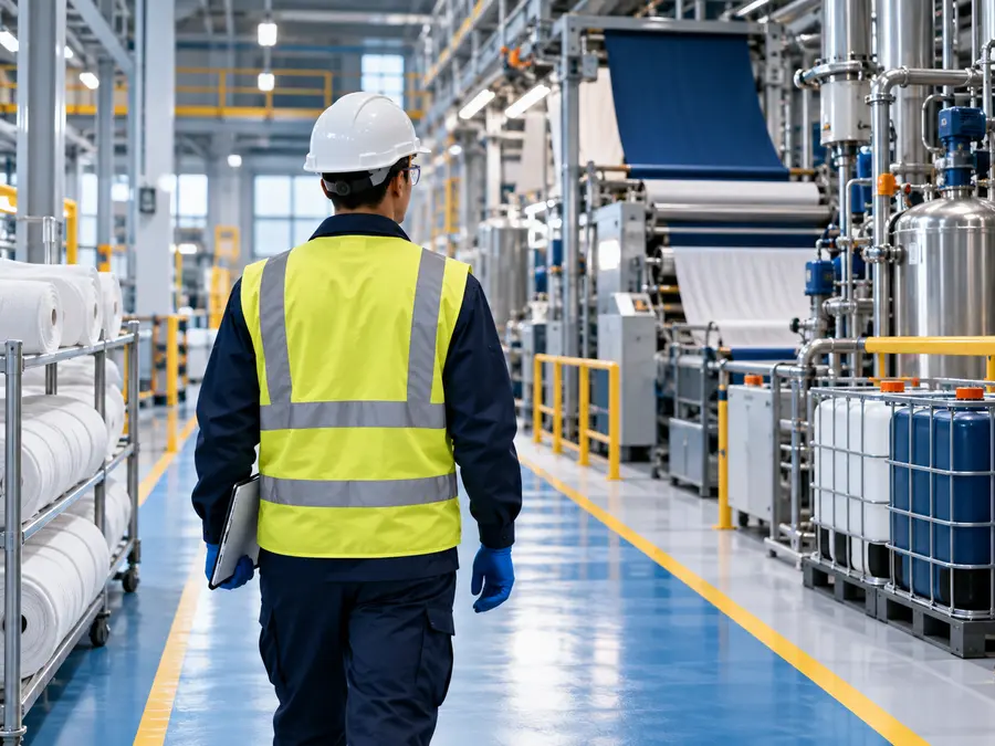 Profesional protegido durante una inspección de seguridad industrial